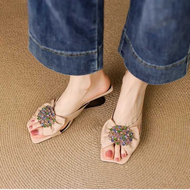 Summer Wedge Open Toe Going Out Half New Square Headpiece Diamond Bow Slip-on Anti-slip Wear-resistant Kitten Heels K260311