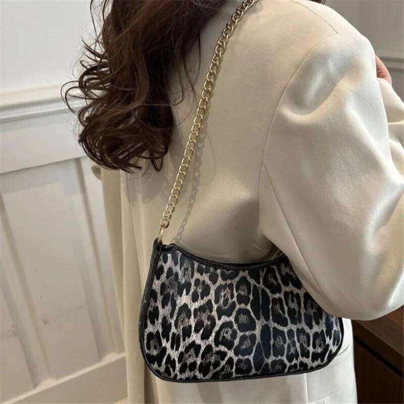 Leopard Print Retro Chic Style Half Moon Bag Gold Chain Strap Versatile Convertible Crossbody Shoulder/Purse for Women Daily Use XJ260311