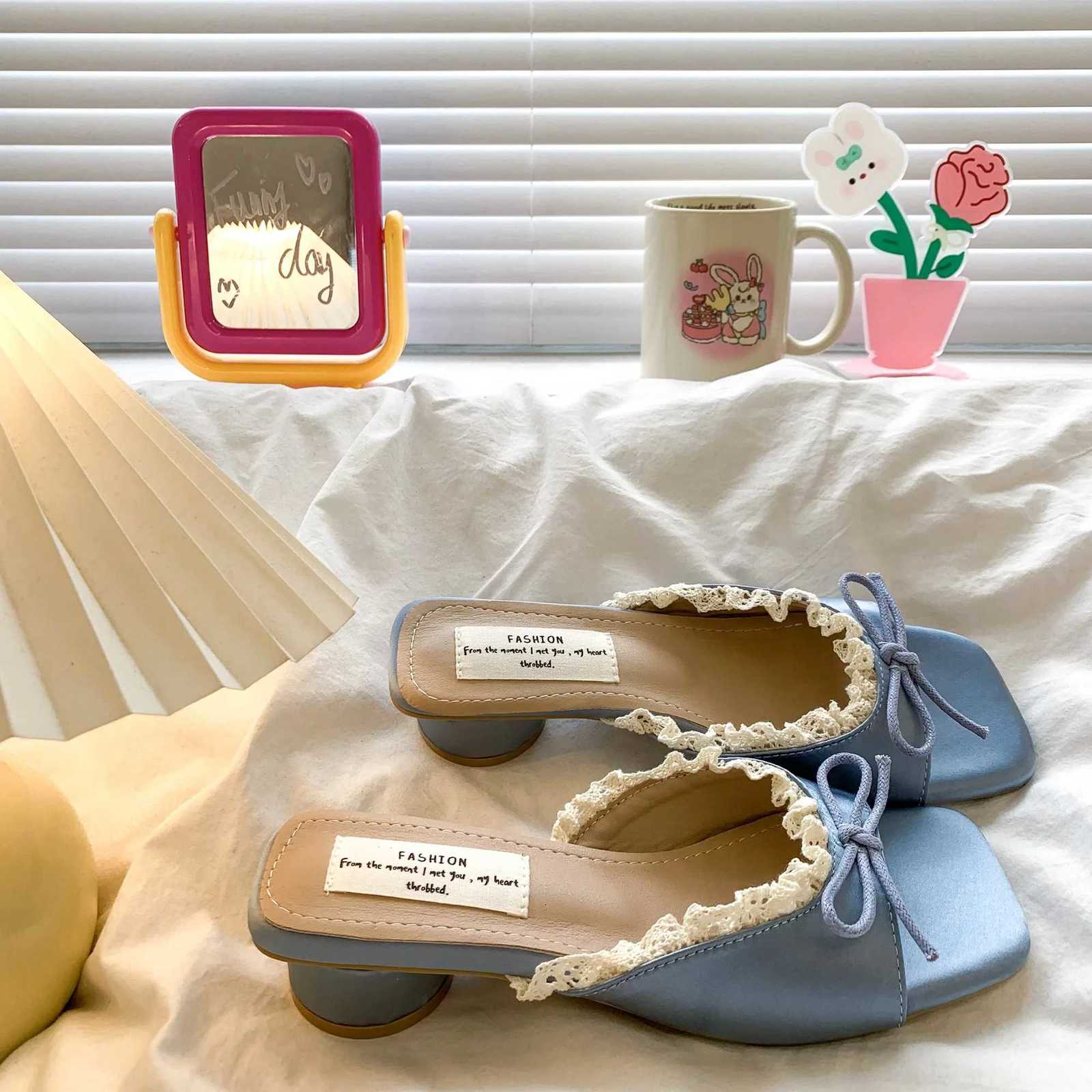 Satin Silk Butterfly-knot Lace Woman Summer Designer Style Fashion Thick Low Heel Dress Mule Slide Shoes In Pink K260311
