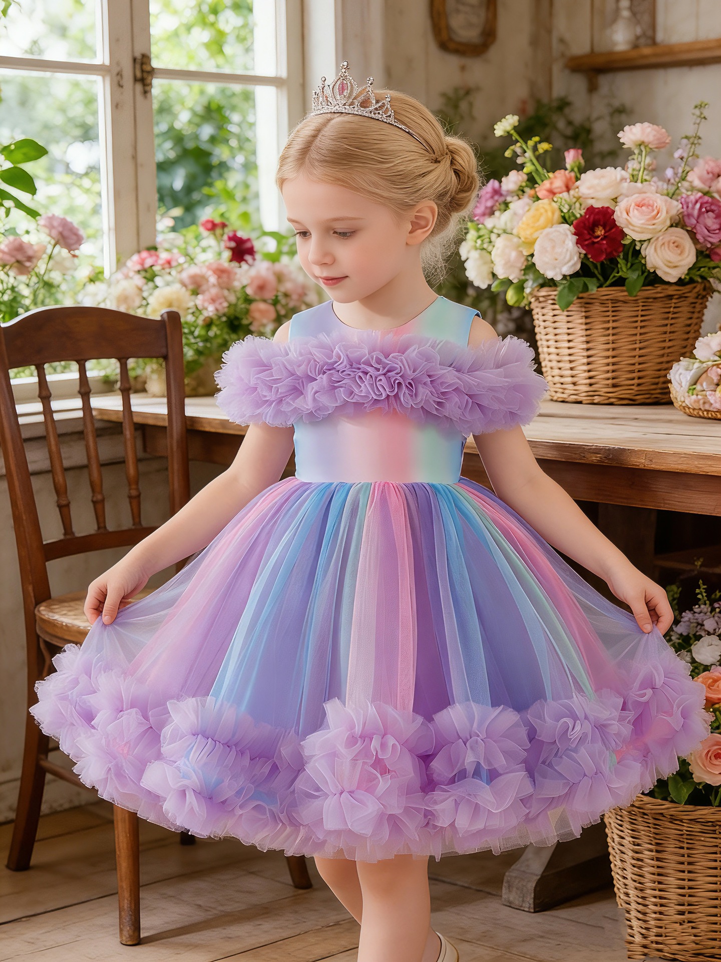 Girls Pastel Rainbow Tutu Dress Toddler Purple Ruffle Tulle Princess Dress Kids Birthday Party Pageant Gown Size 4-8Y