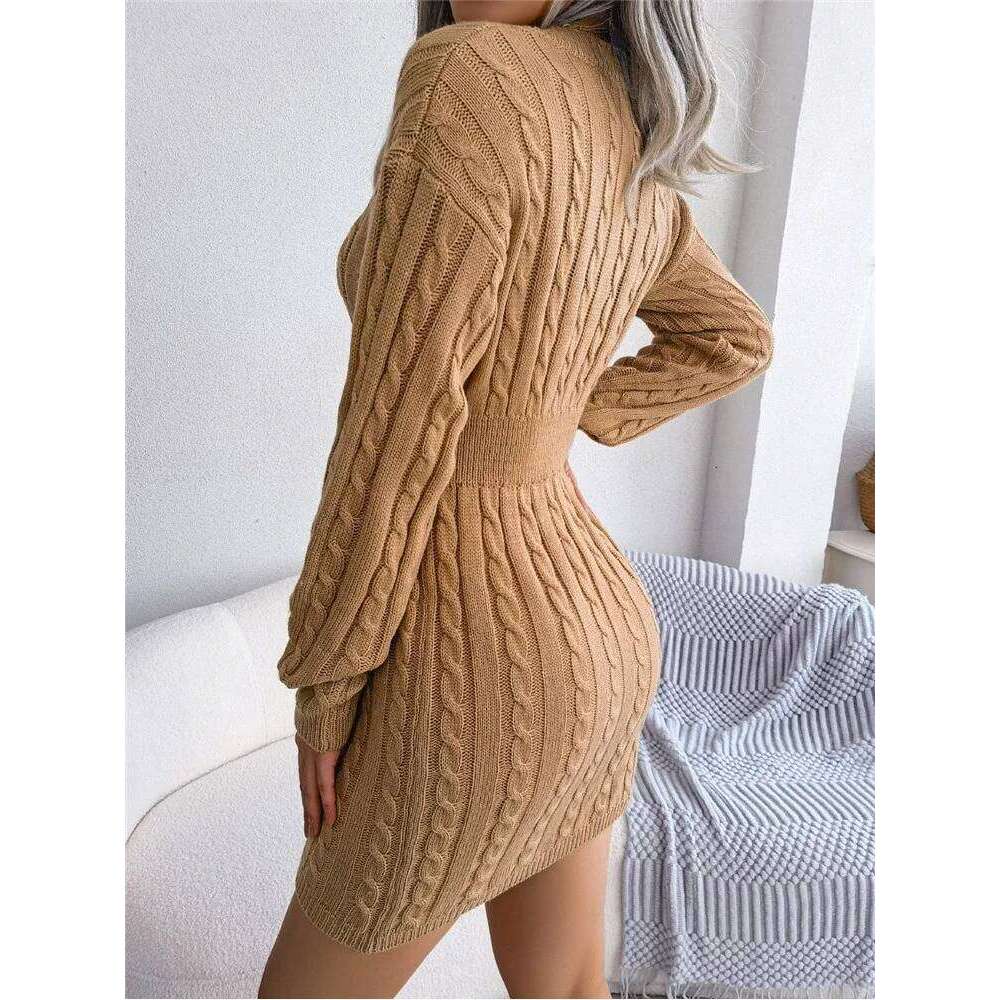New Fashion Autumn Winter Bodycon Pencil Women Slim Fit Cable Knit Long Sleeve Sweater Sexy V Neck Club Party Dress Z260311