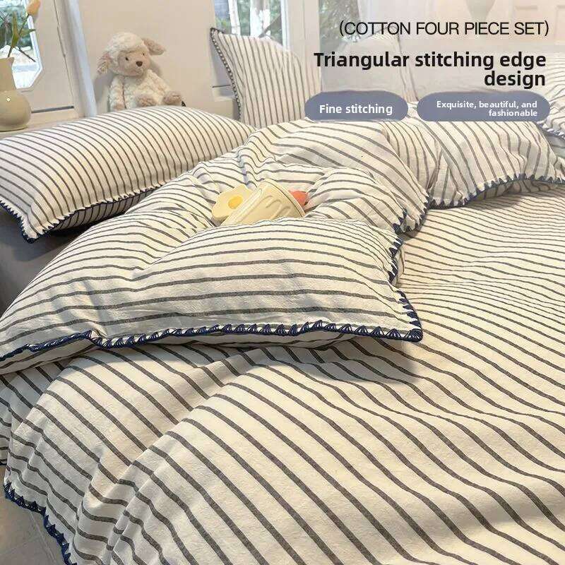 Linen Duvet Cover Set Sheets Comforter Sets Simple Striped Washed Cotton Bed Four-piece Bedding for All Seasons H260311