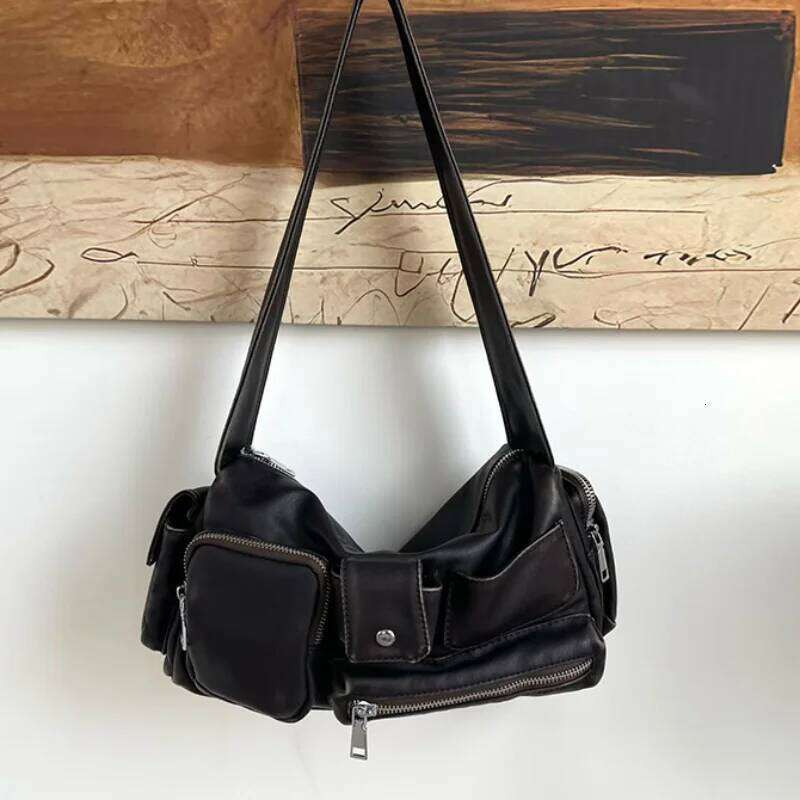 Women Y2k Leather With Wide Shoulder Strap Zipper Handbag Creative Multi Pocket Design Underarm Motorcycle Bag XJ260311