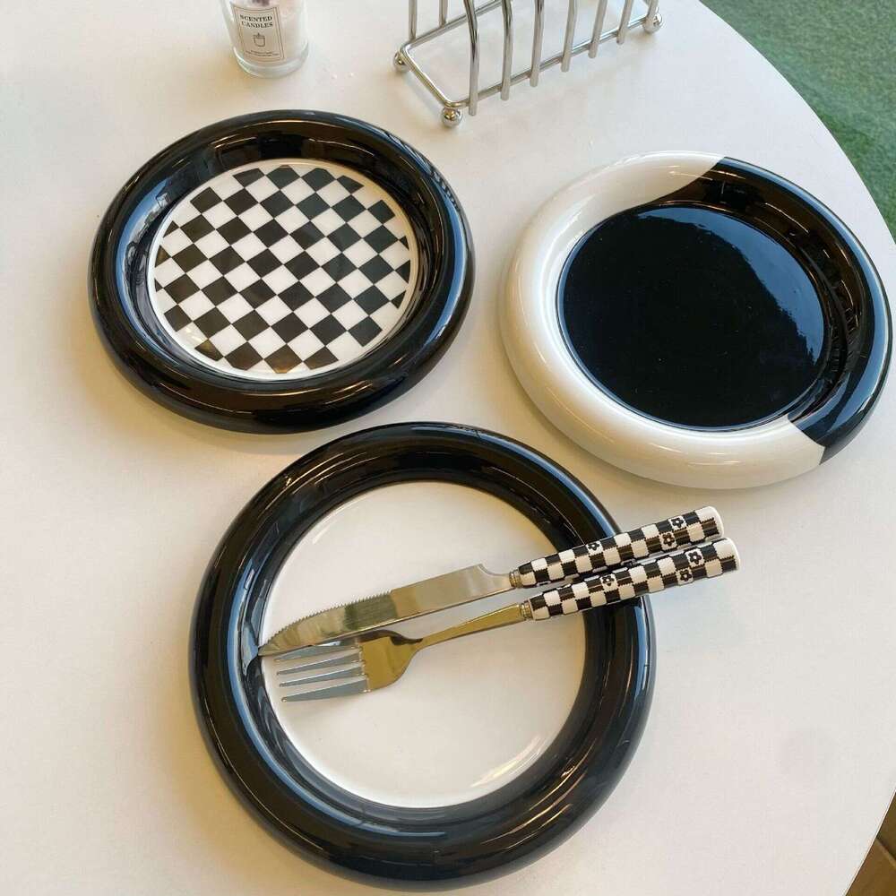 Kitchenware Checkerboard Grid Black White Jewellery Storage Tray Dinner Plate Breakfast Dessert Cake Dish for Dining Room Home Decoration