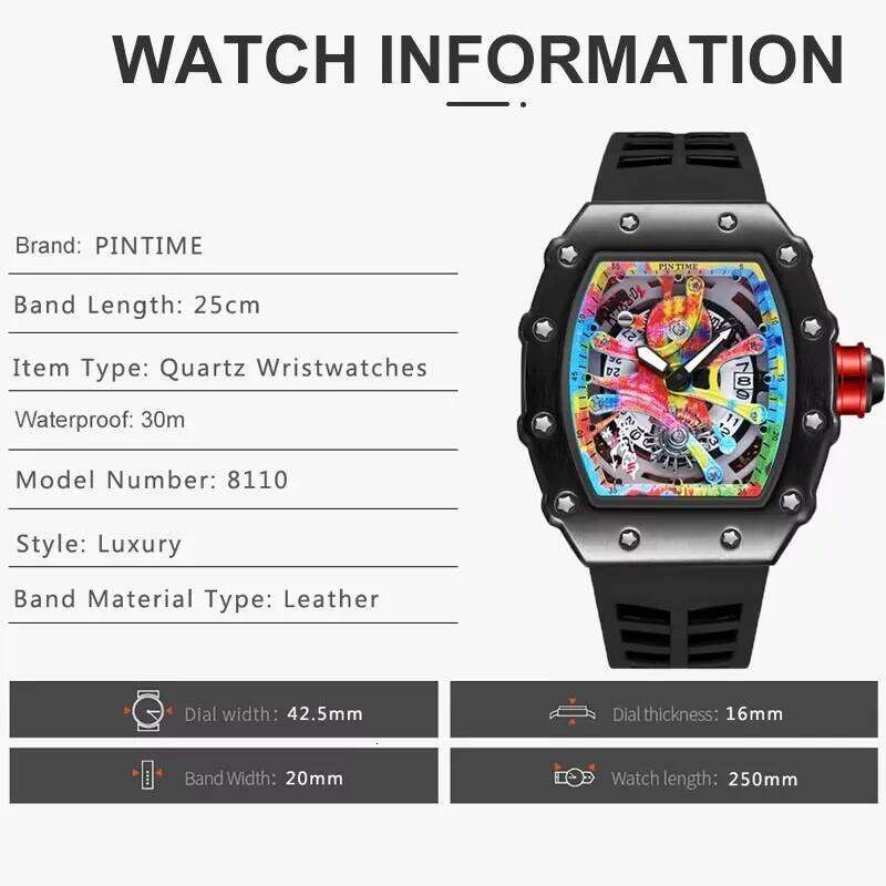 Luxury Watch Wrist Tonneau Multifunction Graffiti Dial Auto Date Waterproof Sports Casual Clock Men Quartz Watches