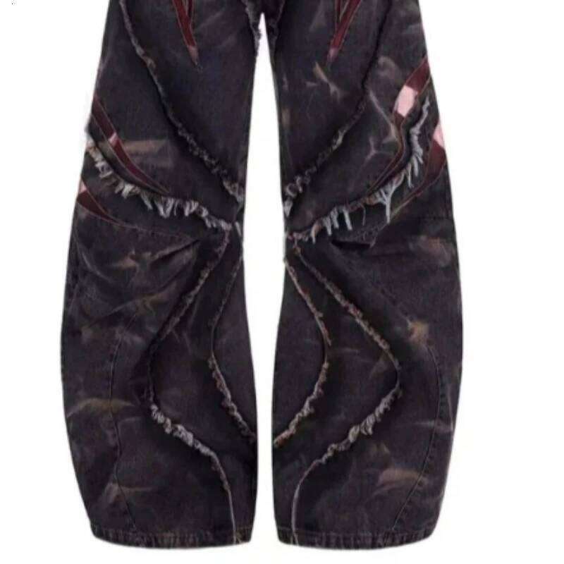 Mens Jeans Harajuku American Vintage Streetwear Patchwork Curved Wide Leg Denim Pants New Chinese Style Loose Fit Blue Casual Z260225