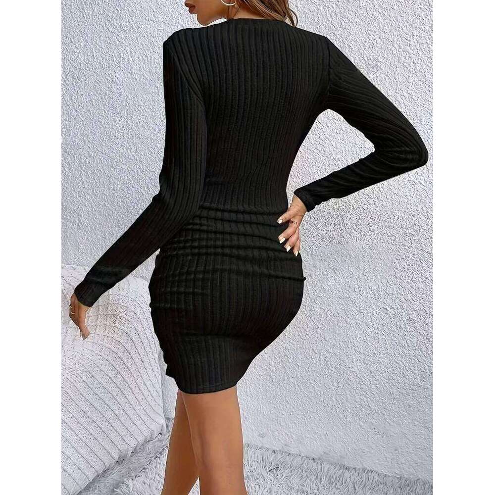 V-Neck Ribbed Bodycon Dress | 2026 Spring Autumn New Arrival - Slim-Fit & Elegant Z260311