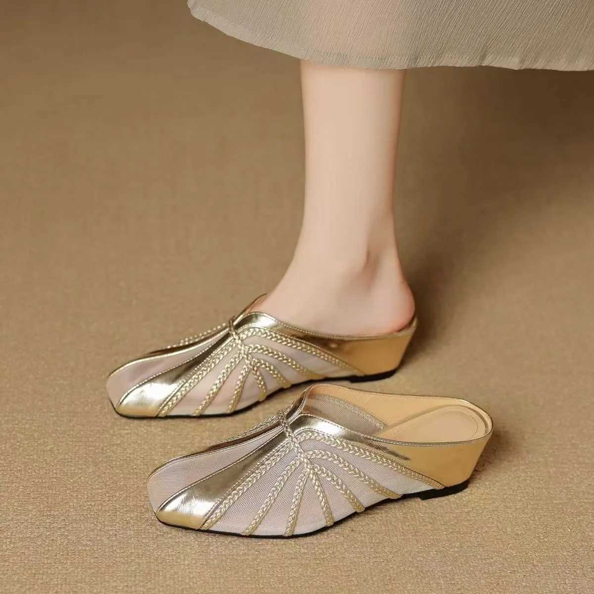 Womens Mesh Hollow Splicing Wedge Heel Mules Shoes Summer Cool and Comfortable Breathable Inner Height Increase Baotou Slippers K260311