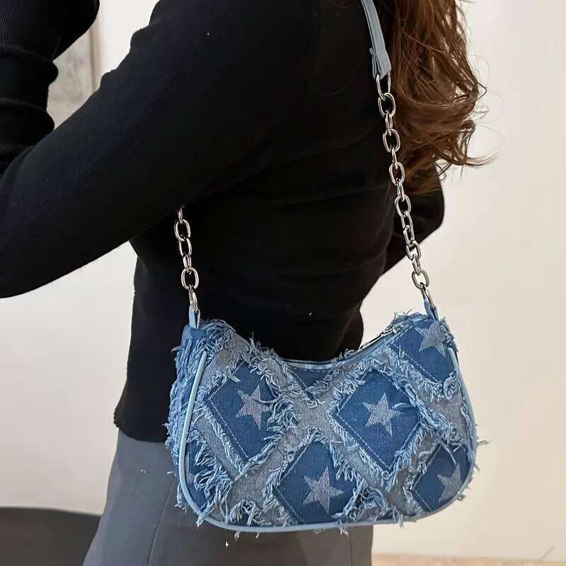 Women's Tote with Star Pattern Blue Distressed Design, Golden-Tone Hardware, Stylish Handbag Shoulder Bag for Everyday Use XJ260311