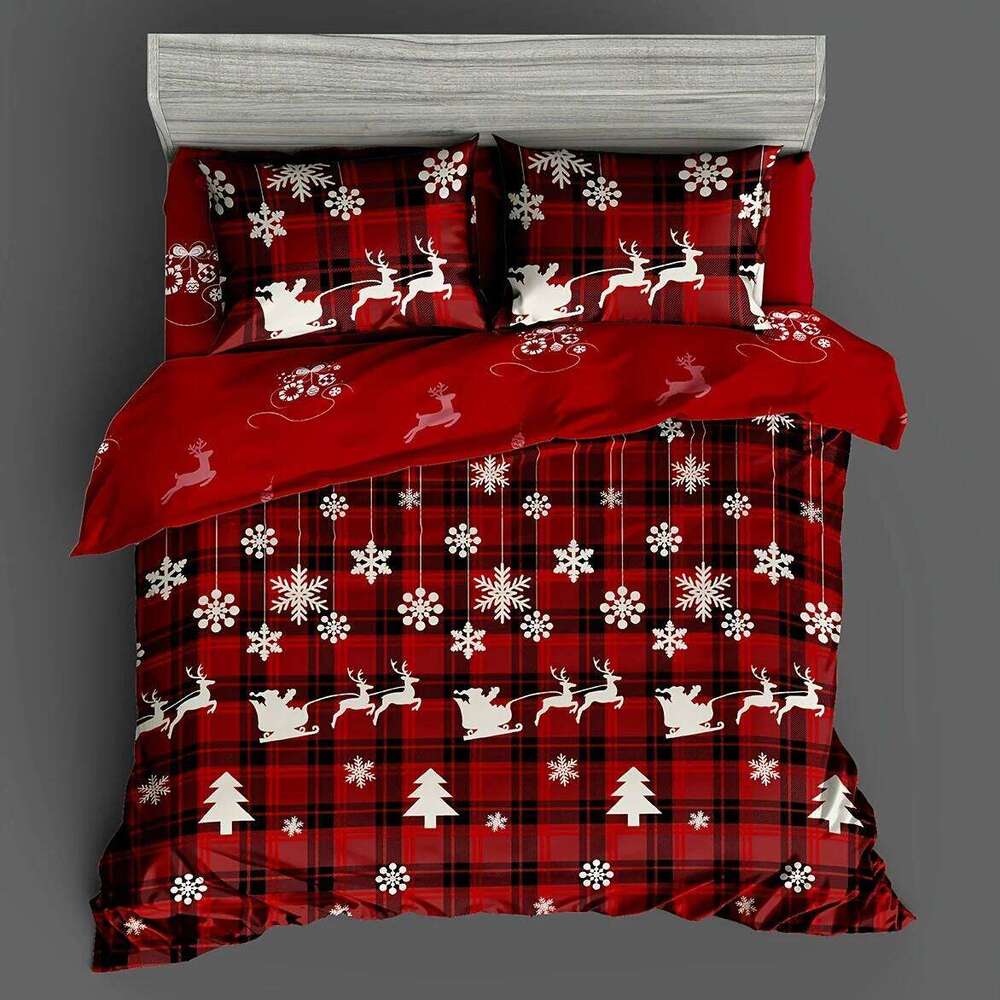 3-Piece Christmas-Themed Duvet Cover Set Soft, Breathable, and Hypoallergenic Fabric - Checkered Elk Snowflake Print Design, P H260311