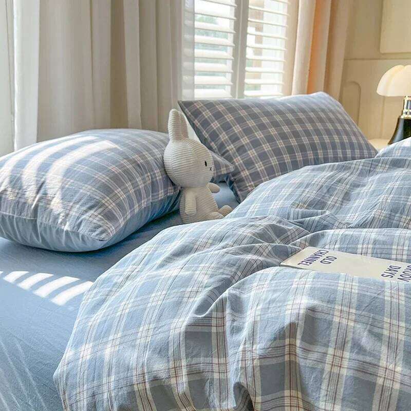 2025 New Simple Japanese style gray grid bed sheet duvet cover 4-piece student apartment four season 3-piece set H260311