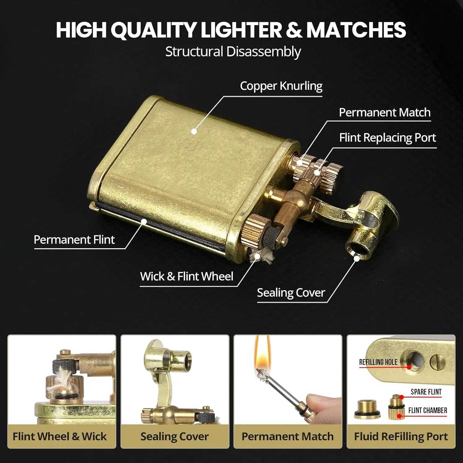 Vintage Trench Lighter with Permanent Match Refillable Kerosene Lighter Waterproof Metal Lighter for Men N260311