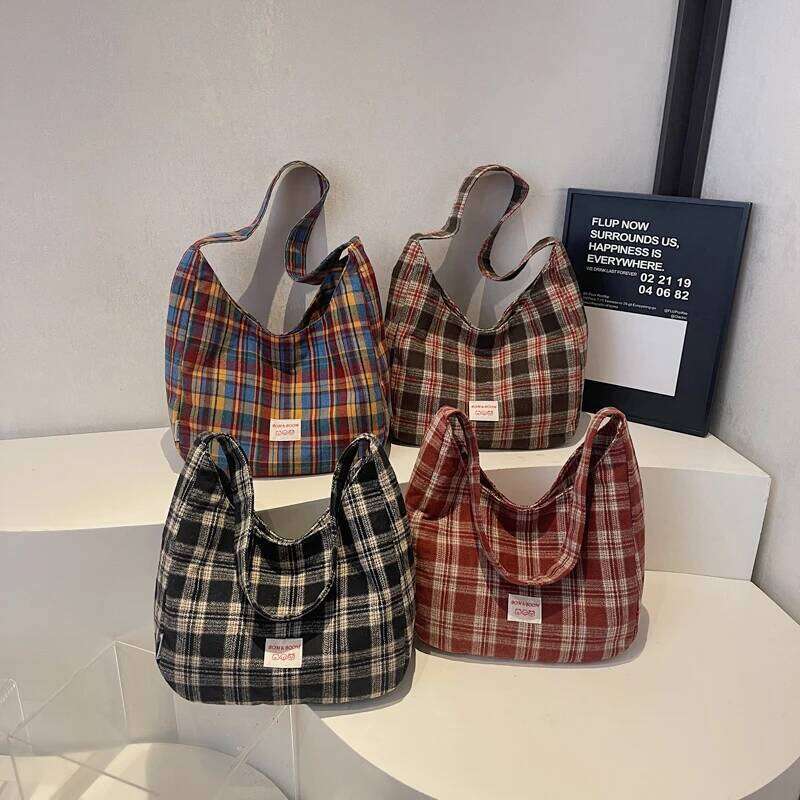 Stylish Checkered Hobo Retro Plaid Crossbody Bag Lightweight Canvas For Women Daily/Date | 2025 Fashion Trend XJ260311