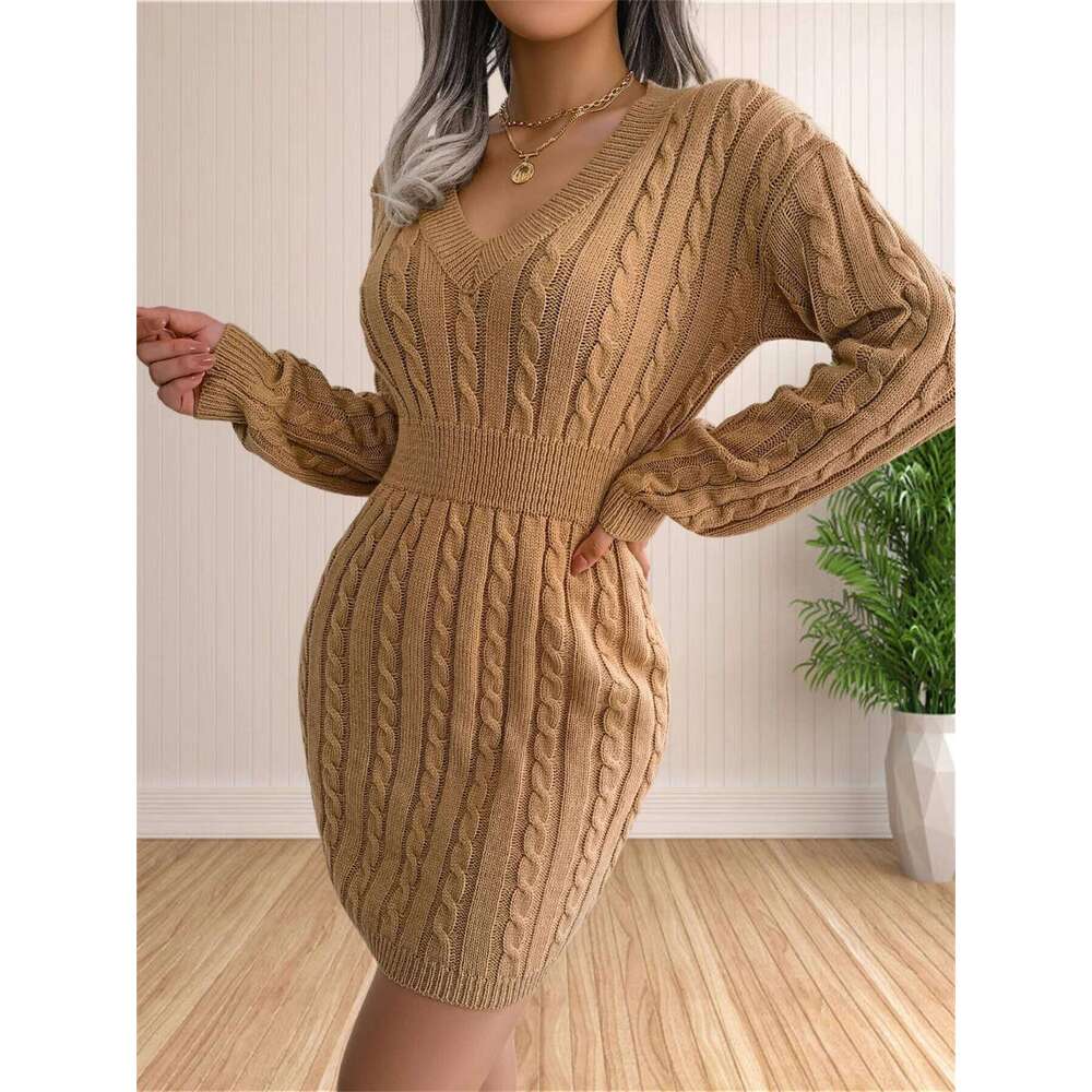 Women Dresses Cocktail V Neck Knitted Sweater Sheath Dress Z260311