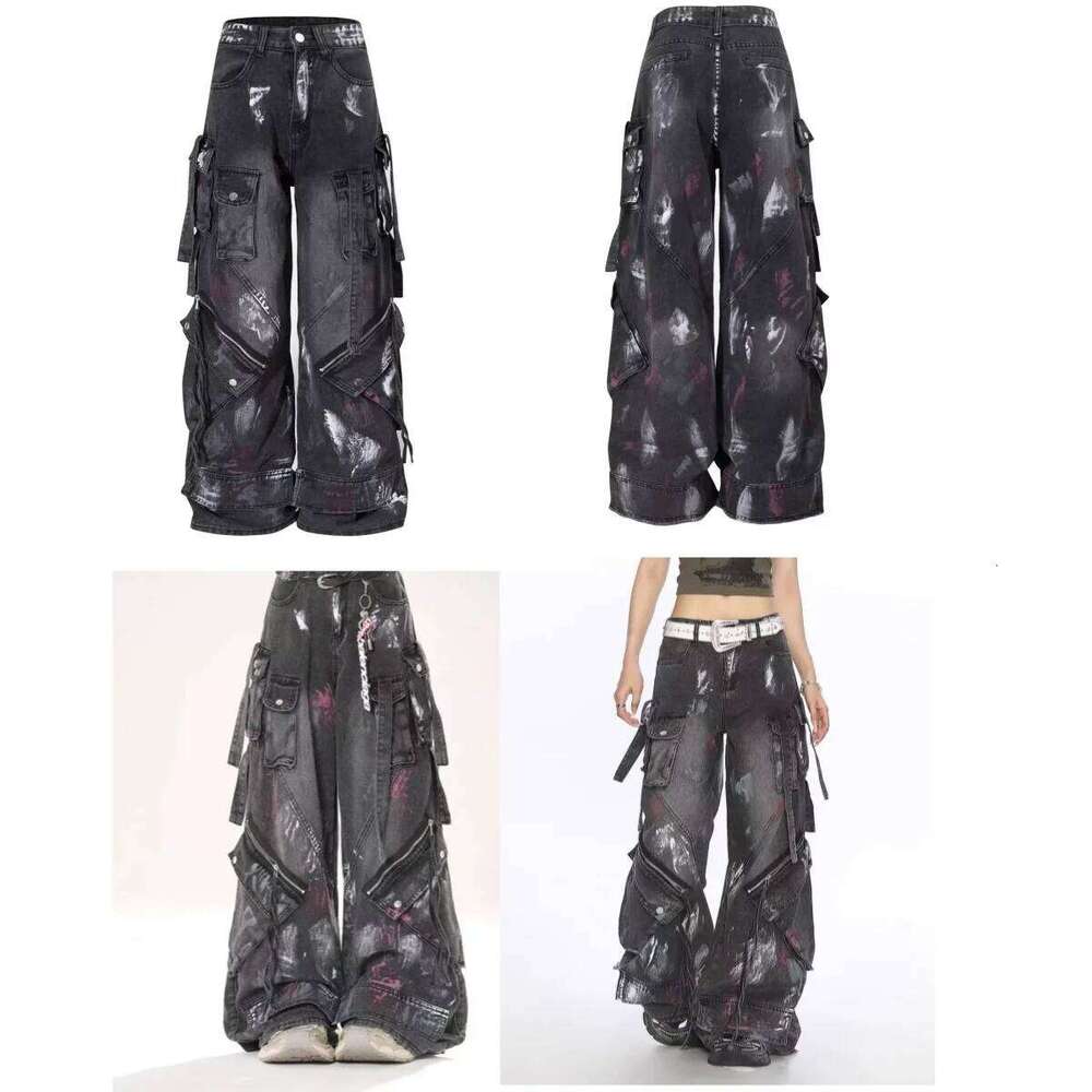 Gothic Multi-Pocket Washed Black Jeans 2000s Heavy Industry Drag Street Hip Hop Wide Leg Pants Z260225