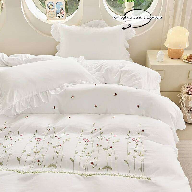 3pcs flowers embroidery Bedding set ruffles Duvet Set 1*Duvet Cover + 2*Pillowcase, Without Corefor bedroom guest room H260311