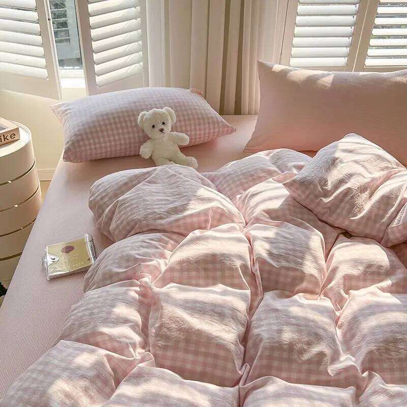 Ins Pink Plaid Bedding Set No Filler Twin Queen Size Comforter Cover Flat Sheet Pillowcase Girls Boys Solid Blanket Duvet H260311