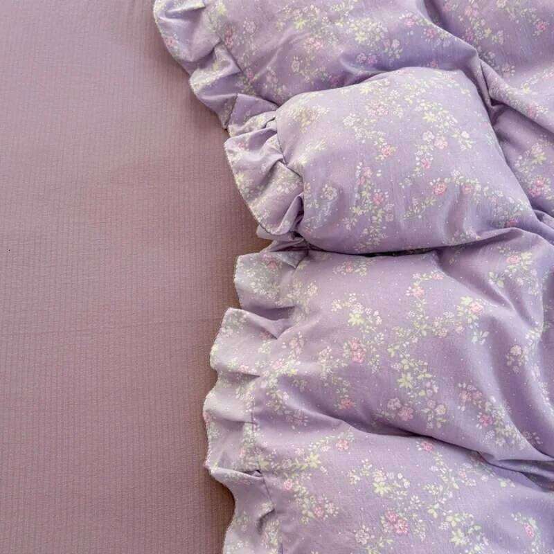 New Gentle floral aerobic knitted with lace double layered yarn duvet cover washed cotton bed sheet 3 piece set H260311