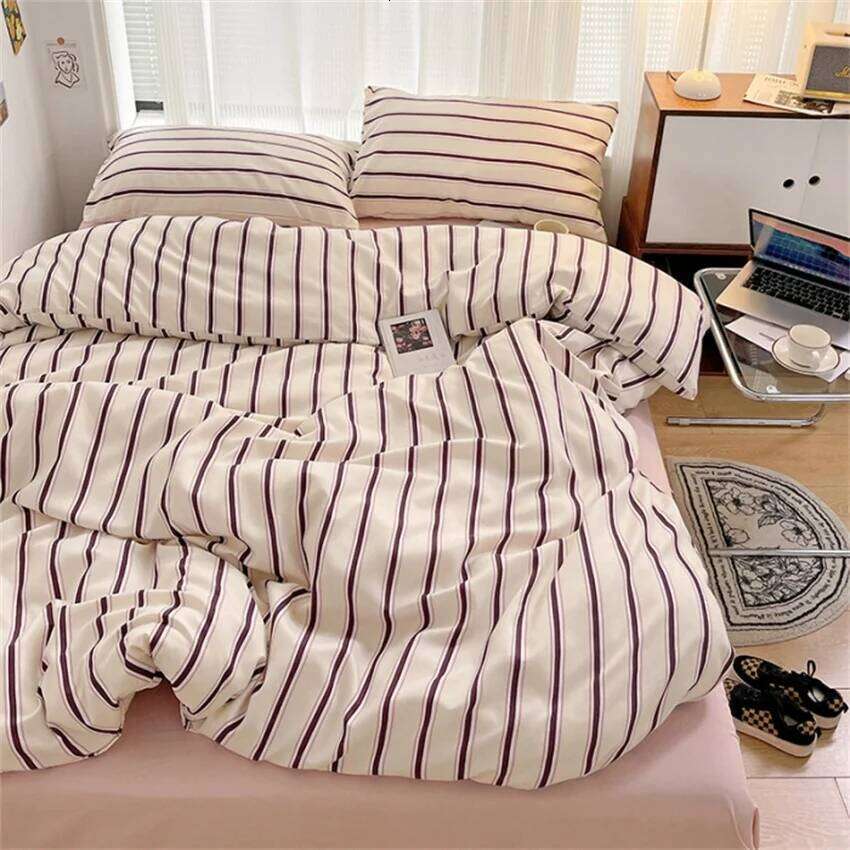 Pure Cotton Home Textile Blue Striped Bedding Set Simple Soft Duvet Cover Sheet Pillowcase Ins Style Bed Linens Queen King Size H260311