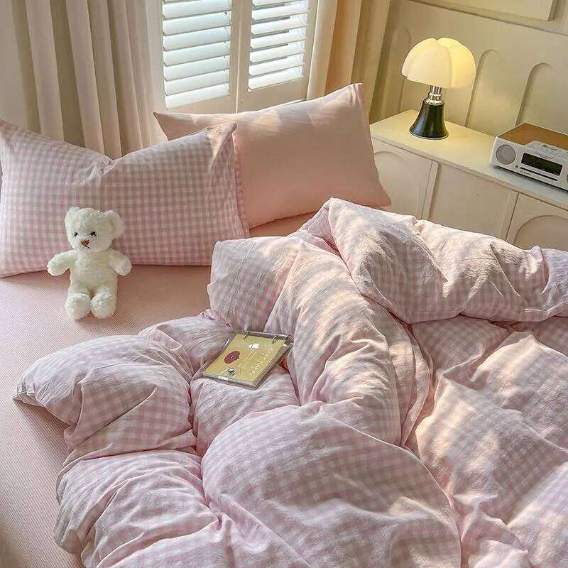 Ins Pink Plaid Bedding Set No Filler Twin Queen Size Comforter Cover Flat Sheet Pillowcase Girls Boys Solid Blanket Duvet H260311