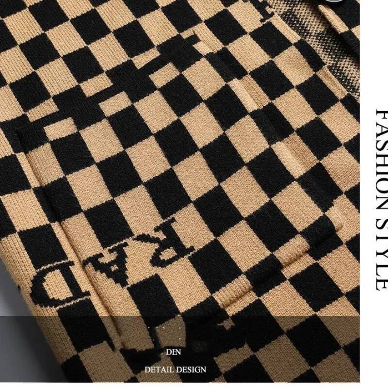 Smart English Elements Plaid Panelled Turn-down Collar New Men Coat Fashion Casual Knit Loose Pockets Cardigan Jacket