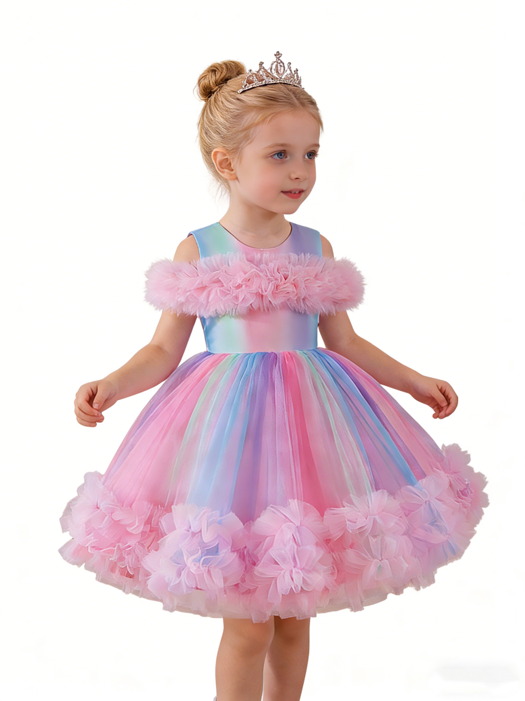 Girls Pastel Rainbow Tutu Dress Toddler Purple Ruffle Tulle Princess Dress Kids Birthday Party Pageant Gown Size 4-8Y