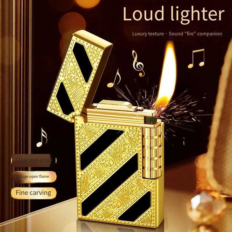 Brass Open Flame Butane Gas Lighter Brass Flip Side Slip Retro Classic Steel Loud Sound Pattern Mens Gift High-end New N260311