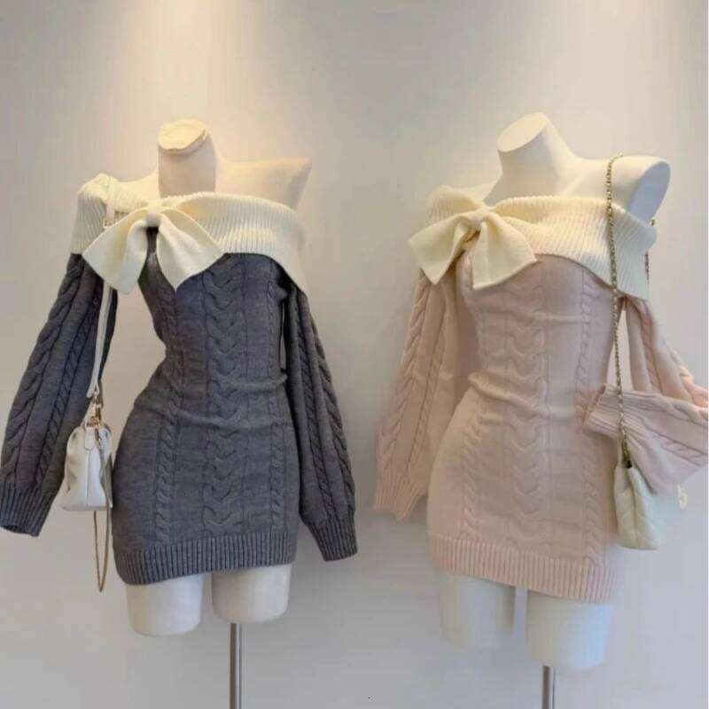 Winter Korean Vintage Solid Sexy Bodycon Knitted Women Elegant Fashion Short Party Harajuku Y2k Bow Mini Dress New Z260311