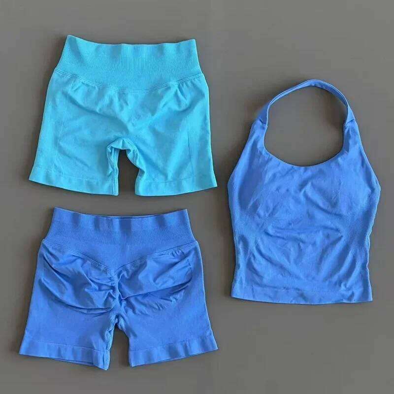 2 Pcs HISTELLO Halter Top Strappy Bra Shorts Set Women Yoga Workout Clothes Seamless Vest Hip-Lifting Sports Leggings Gym Suit 26H0311
