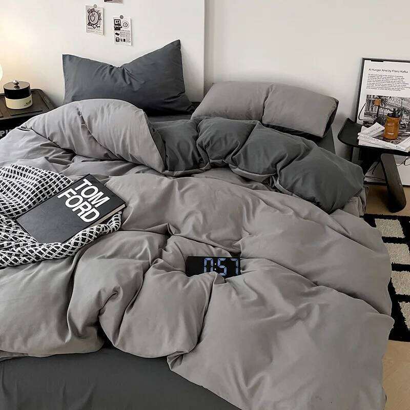 Duvet Cover Linen Sleeping Plain Four-piece Small Fresh Solid Color Washed Cotton Sheet Quilt Bed Three-piece Set H260311