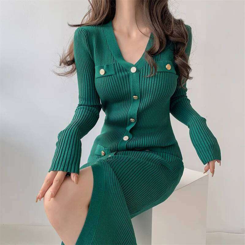 New Autumn Winter French V Neck Sleeve Single Breasted Slim Design Knitted Split Sweater Long Dress Z260311