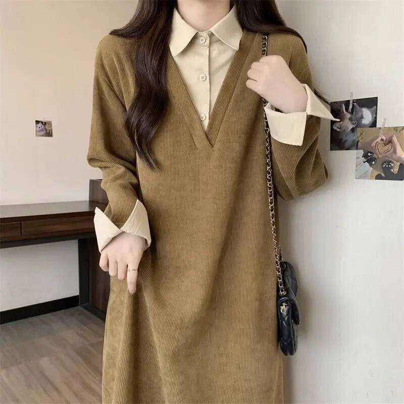 Design Sense Fake Two Items Women Autumn Lazy Wind Panelled Turn-down Collar Shirt Patchwork Loose Temperament Midi Dress Z260311