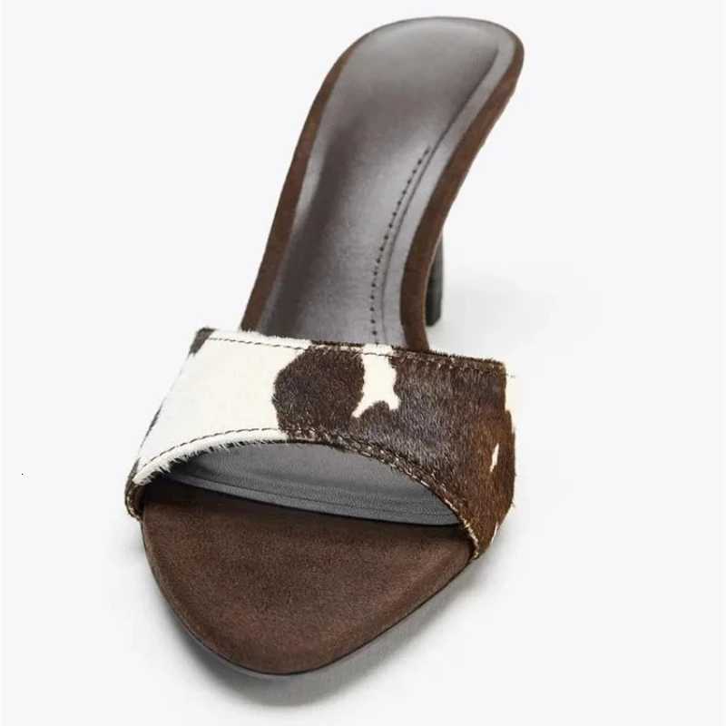 Aneikeh Summer Fashion Design Animal Print Leather Pointed Toe Thin Heels Women Female Mules Sandals Slide Shoes K260311