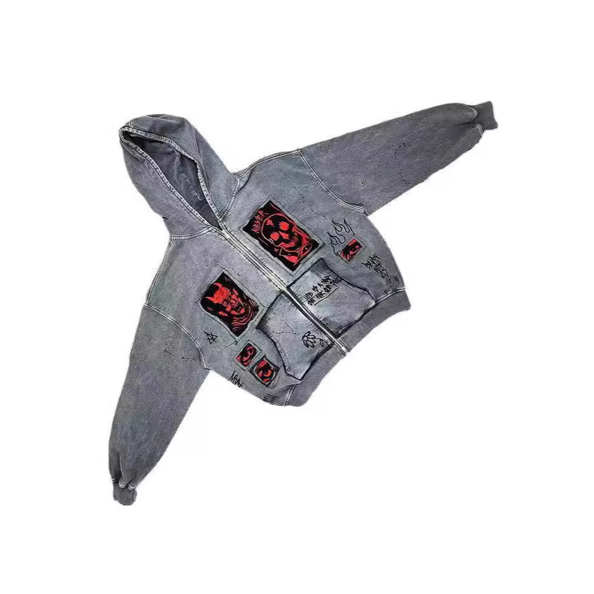 Street Trend Retro Character Prints For Men And Women Casual Loose Versatile Couple Hooded Sweatshirt Hip-hop Rap 90s Vintage Y2K Devil 3D Print Patch