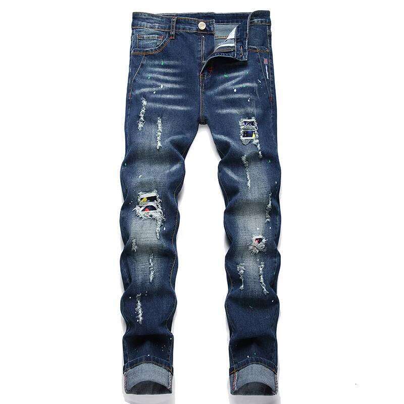 New Paint Spots Ripped Fashion Jeans Men's Splicing Stretch Slim Punk Denim Pants Personality Streetwear Male Trousers Z260225