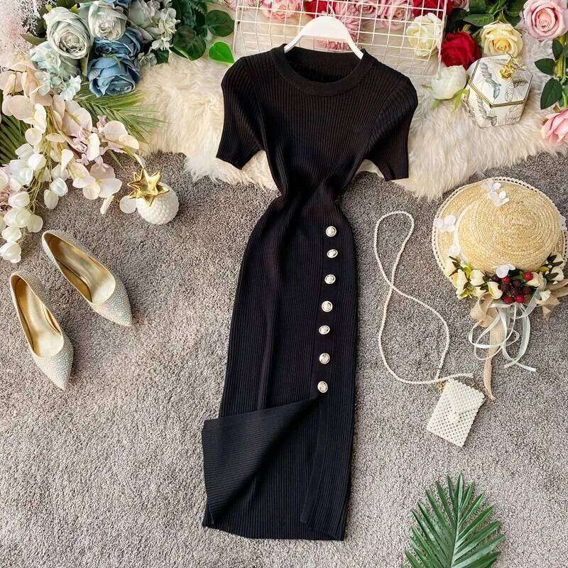 YuooMuoo Women European and American Fashion Short Sleeve Slimming Side Slit Knitted Mini Dress Streetwear Lady Outfits Z260311