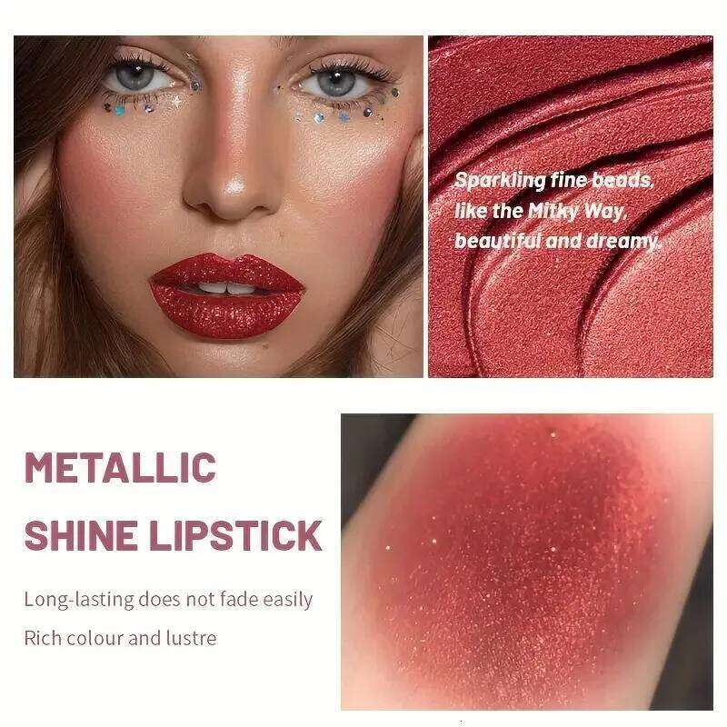 Shimmer Pearlescent Lipstick Long Lasting Waterproof, Moisturizing Plumping Lip Color for Sexy Glamorous Makeup W260311