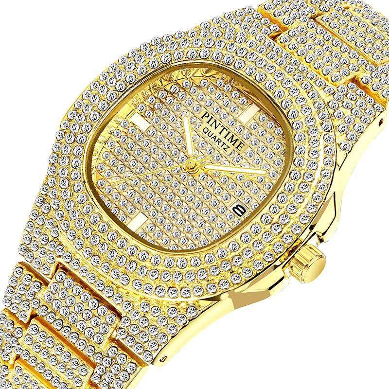PINTIME Luxury Men's Watches Iced Out Diamond Case Waterproof 30m Stainless Steel Clasp Fashion Quartz Wristwatch Calendar Reloj