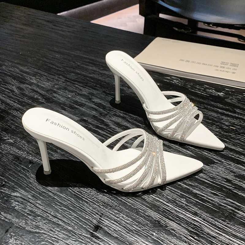 Sexy High Heels Slipper Women Summer Fashion CRYSTAL Narrow Band Pointed Toe Slides Stripper Party Sandal Mule Shoes K260311