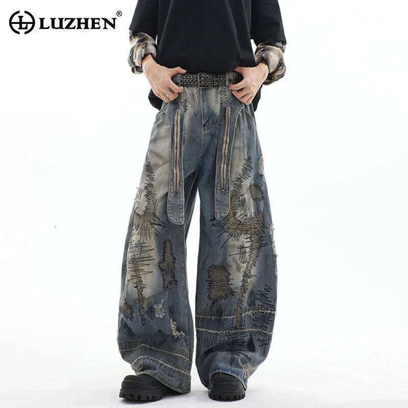 LUZHEN Personalized Original Wornout Patched Printed Loose Wide Leg Jeans Men's 2025 New High Quality Street Denim Pants JY4020 Z260225