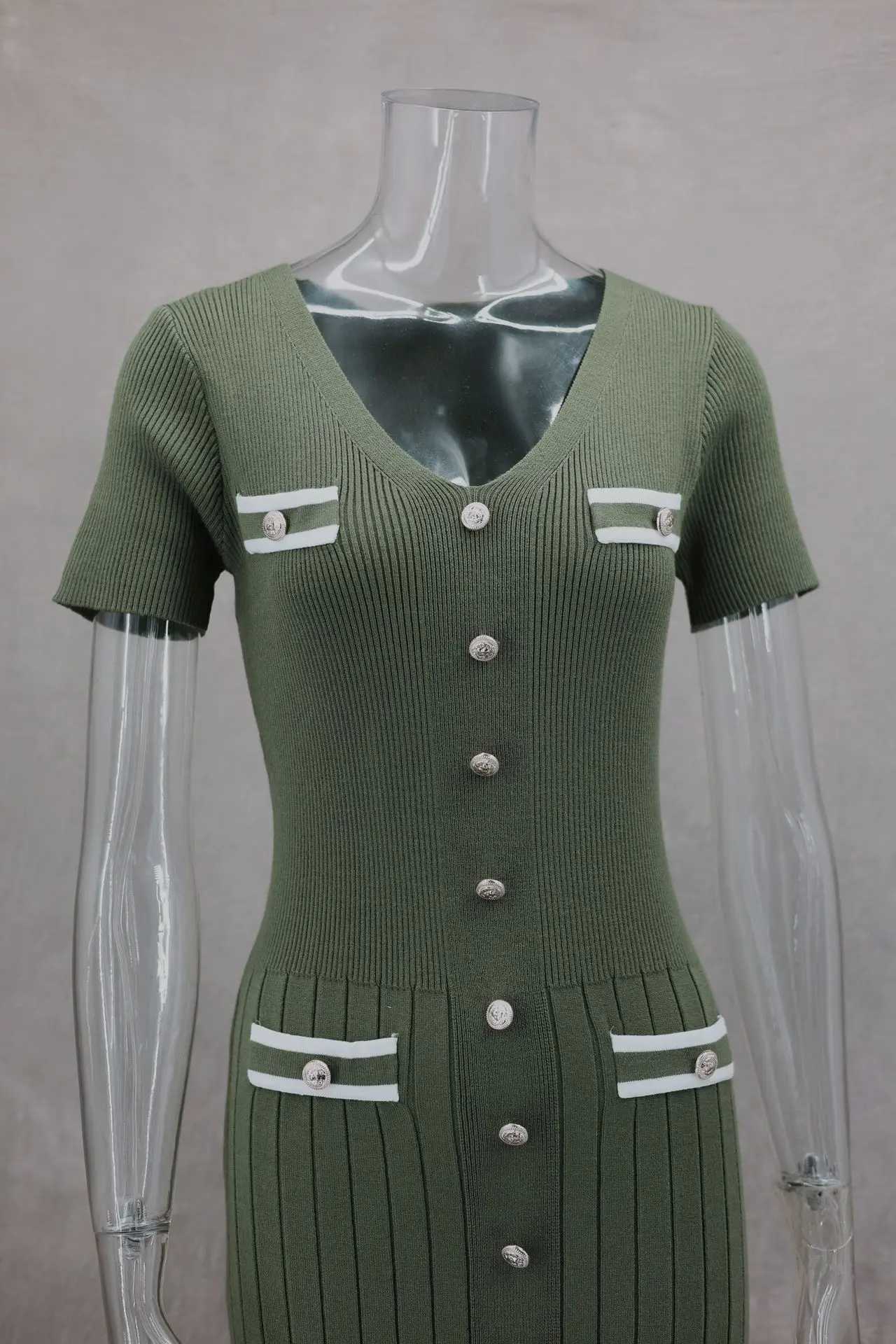 2024 Summer Women Elegant Knitted Long Dress Fashion V-neck Single Breast Sweater Maxi Vetsidos for Women Bodycon Streetwear M260311