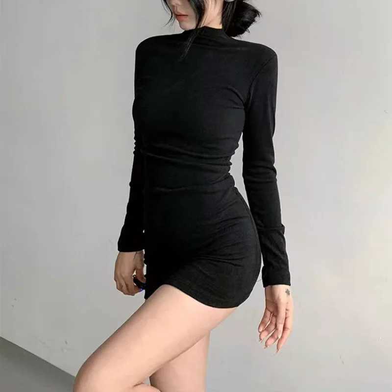 Fashion New Solid Half High Collar Dresses Autumn Winter Women Long Sleeves Sexy Bodycon Mini Dress Club Elegant Party Dresses M260311