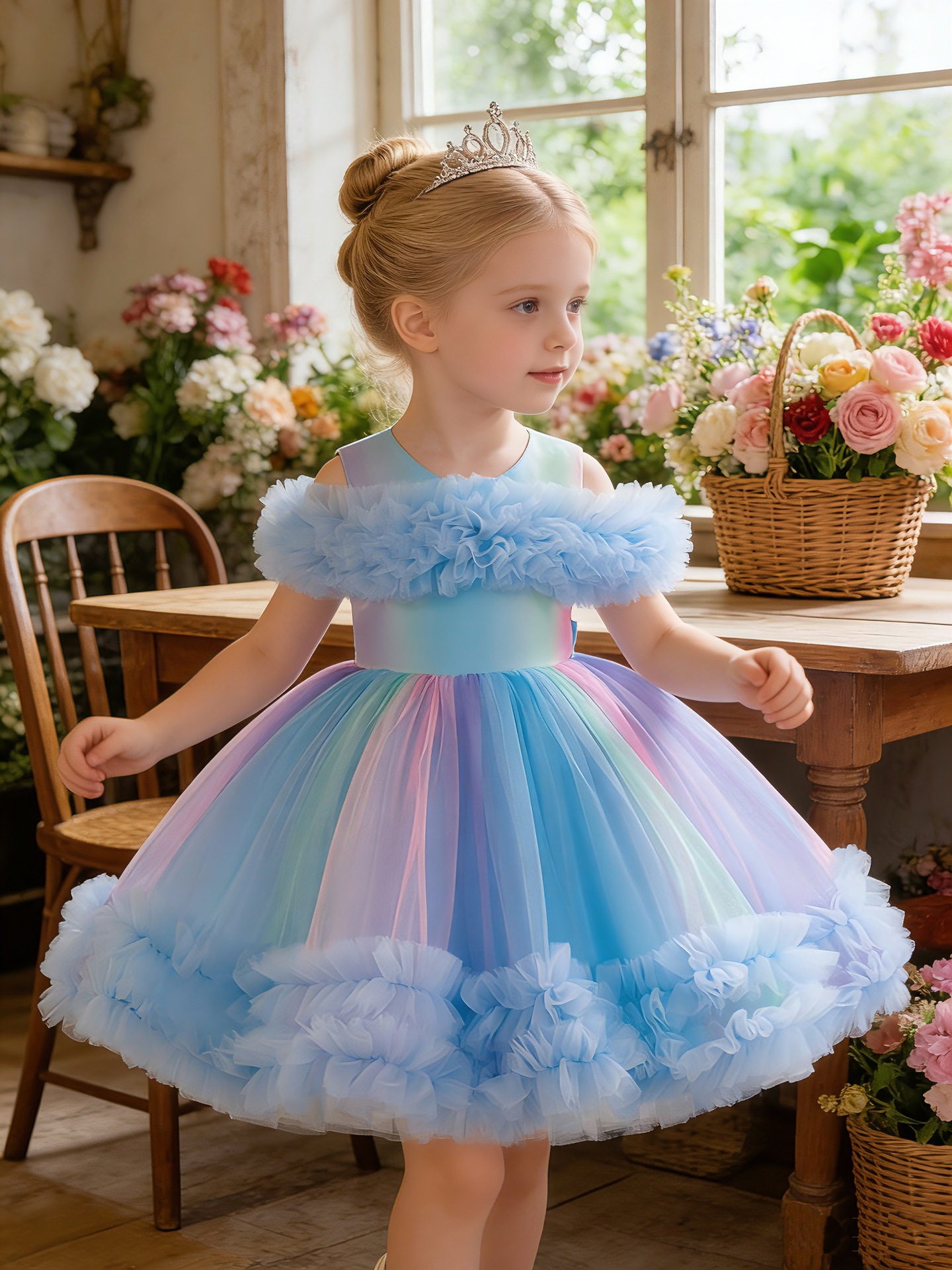 Girls Pastel Rainbow Tutu Dress Toddler Purple Ruffle Tulle Princess Dress Kids Birthday Party Pageant Gown Size 4-8Y