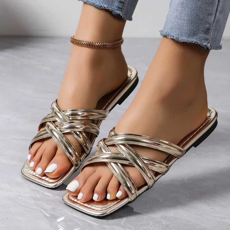 Hot Sandals Women Criss Cross Solid Color Glossy Surface Many Broadband Square Toe Slippers Ankle Strap Ladies Beach Shoes K260311