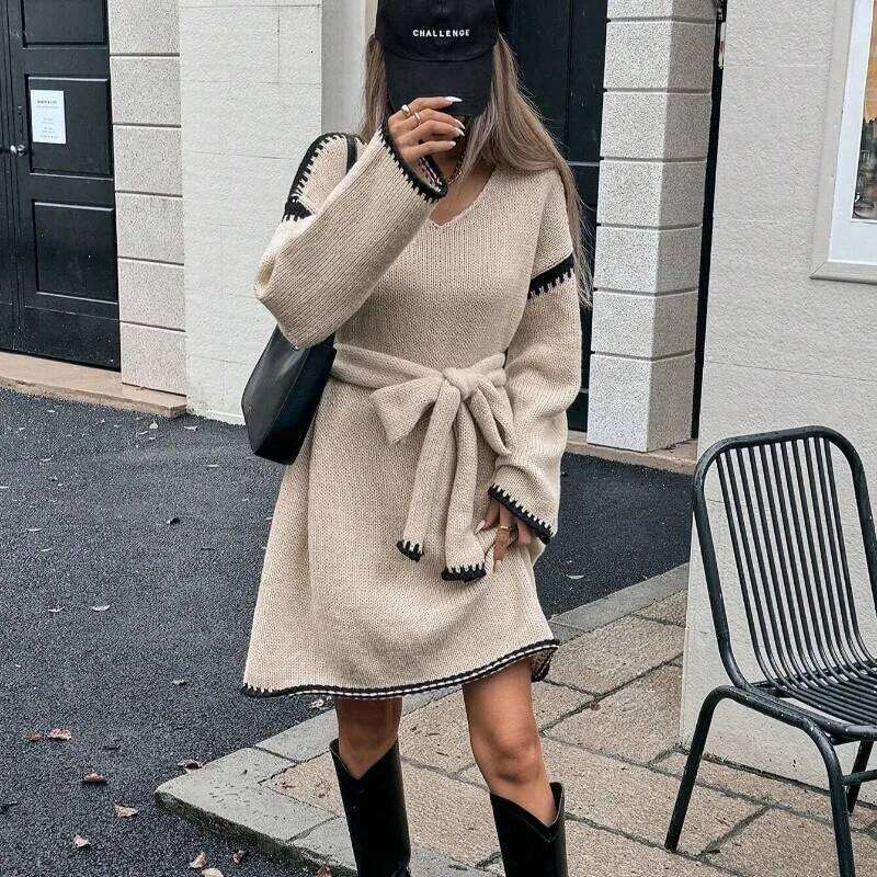 Fashion V-neck Long Sleeve Knitted Pullovers Sweaters Dress Women Elegant Belt Loose Outwear 2025 Autumn Winter Streetwear Z260311