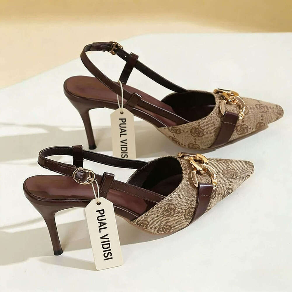 Womens Print Slingback Stiletto Heels Gold Chain Pointed Toe Heeled Sandals Luxury Back Strap High Heels For Work And Special Occasions