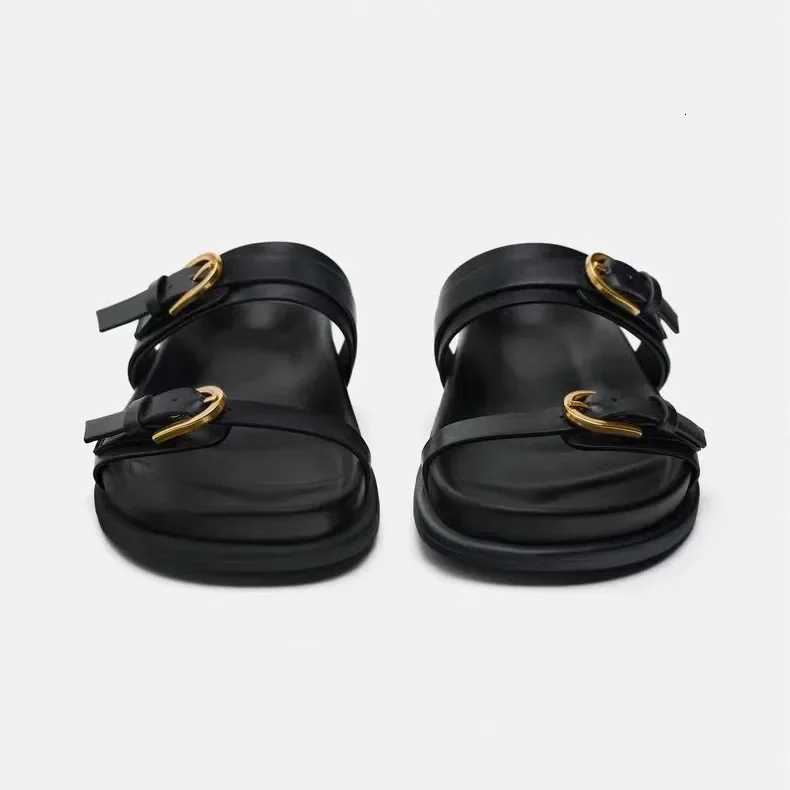 Woman Black Flat Slingback Shoes Female Summer Straps Round Toe Shoes 2025 Womens Sandals Metal Flat Sandals K260311