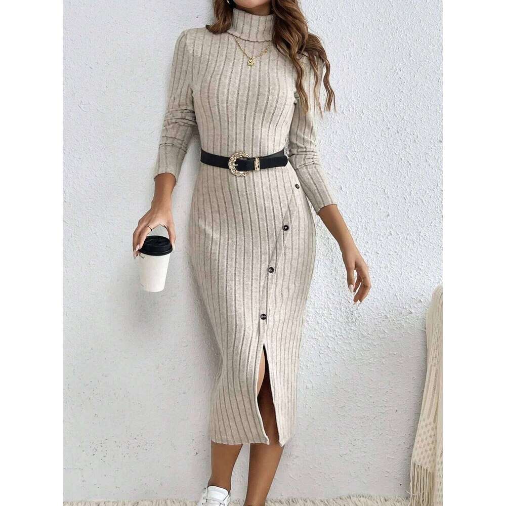 French High Collar Hollow out Side Split Ribbed Dress Elegant Classy Style Women's Fashion Z260311