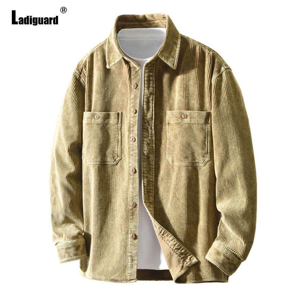 Plus Size 3xl Mens Casual Corduroy Shirts Clothing Autumn Stand Pocket Shirt Blouse Men Vintage Basic Tops Outerwear New 26H0311