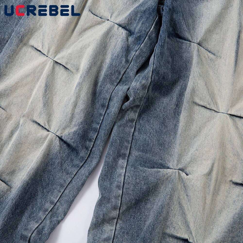 Pleated Washed Distressed Jeans Mens Retro High Street Pocket Loose Wide Leg Denim Pants Men Trousers Z260225